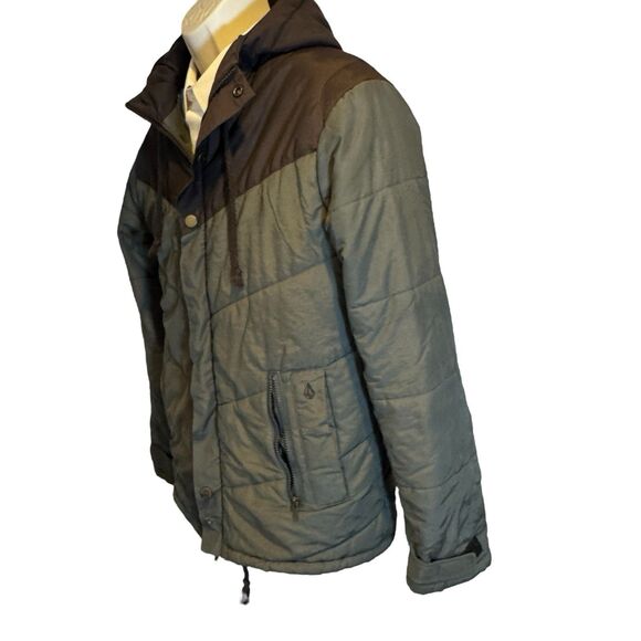 Volcom Workwear Men’s Hooded Quilted Jacket M Olive Drab Brown Mountain Lining - Picture 2 of 16